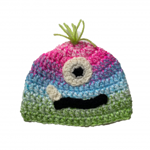 Handmade crocheted monster hat for 0 - 6 months. Made to an original design by Lisa.