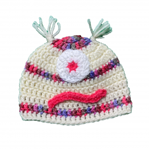 Handmade crocheted monster hat for 6 - 12 months. Made to an original design by Lisa.