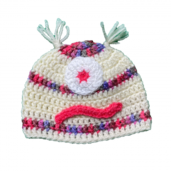 Handmade crocheted monster hat for 6 - 12 months. Made to an original design by Lisa.