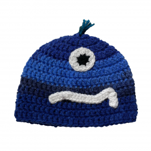 Handmade crocheted monster hat for 0 - 6 months. Made to an original design by Lisa.