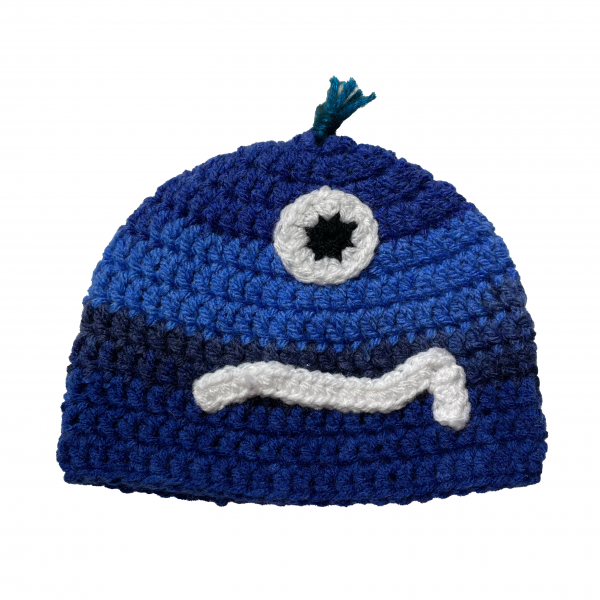Handmade crocheted monster hat for 0 - 6 months. Made to an original design by Lisa.