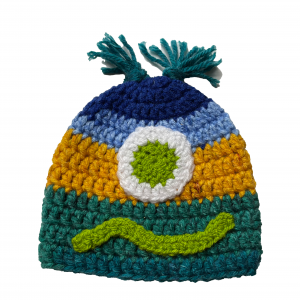 Handmade crocheted monster hat for 0 - 6 months. Made to an original design by Lisa.