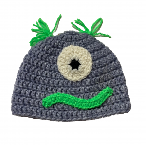 Handmade crocheted monster hat for 0 - 6 months. Made to an original design by Lisa.