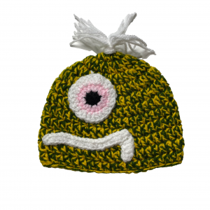 Handmade crocheted monster hat for 0 - 6 months. Made to an original design by Lisa.