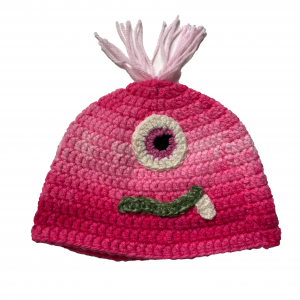 Handmade crocheted monster hat for 3 - 10 year old. Made to an original design by Lisa.