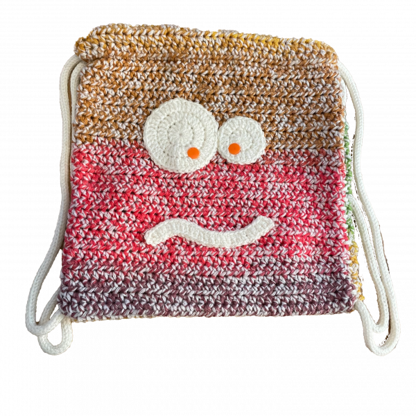 Handmade crocheted monster bag. Made to an original design by Lisa.