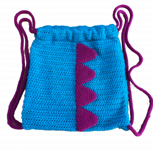 Handmade crocheted dinosaur bag. Made to an original design by Lisa.