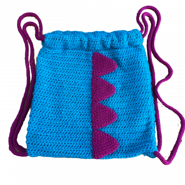 Handmade crocheted dinosaur bag. Made to an original design by Lisa.