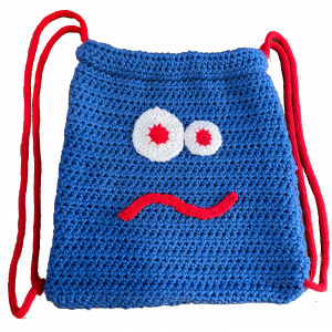 Handmade crocheted monster bag. Made to an original design by Lisa.