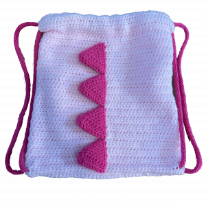 Handmade crocheted dinosaur bag. Made to an original design by Lisa.