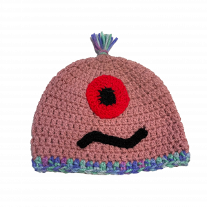 Handmade crocheted monster hat for 3 - 10 year old. Made to an original design by Lisa.