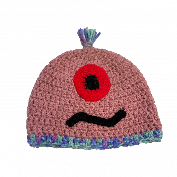 Handmade crocheted monster hat for 3 - 10 year old. Made to an original design by Lisa.