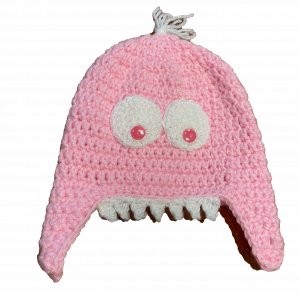 Handmade crocheted monster hat for 0 - 6 months. Made to an original design by Lisa.
