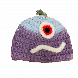 Handmade crocheted monster hat for 0 - 6 months. Made to an original design by Lisa.