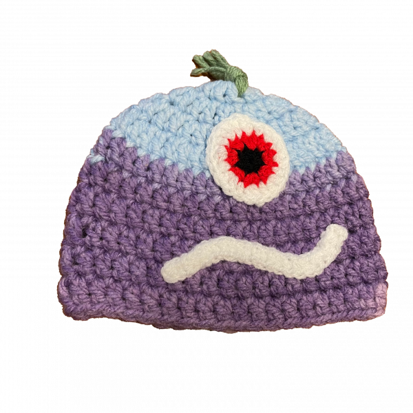Handmade crocheted monster hat for 0 - 6 months. Made to an original design by Lisa.