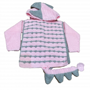 Handmade crocheted dragon hoodie for 3 - 4 years old. Made to an original design by Lisa.