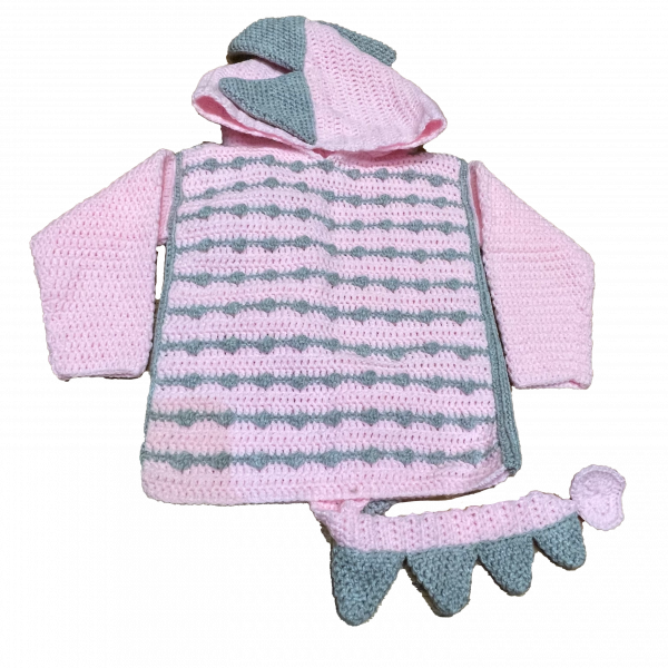 Handmade crocheted dragon hoodie for 3 - 4 years old. Made to an original design by Lisa.