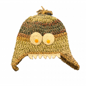 Handmade crocheted monster hat for 6 - 12 months. Made to an original design by Lisa.