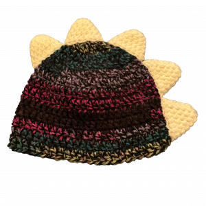Handmade crocheted dinosaur hat for 0 - 6 months. Made to an original design by Lisa.