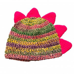 Handmade crocheted dinosaur hat for 1 - 3 year old. Made to an original design by Lisa.