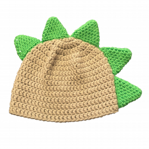 Handmade crocheted dinosaur hat for 3 - 10 year old. Made to an original design by Lisa.