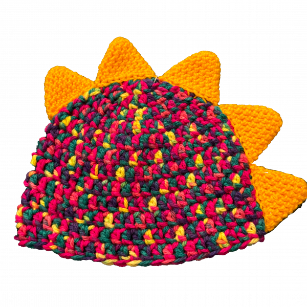 Handmade crocheted dinosaur hat for 1 - 3 year old. Made to an original design by Lisa.
