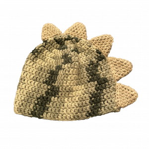 Handmade crocheted dinosaur hat for 1 - 3 year old. Made to an original design by Lisa.