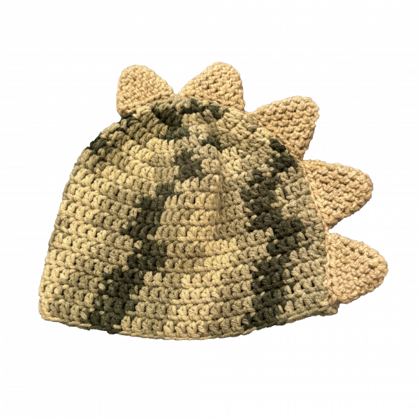 Handmade crocheted dinosaur hat for 1 - 3 year old. Made to an original design by Lisa.
