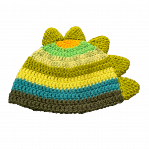 Handmade crocheted dinosaur hat for 0 - 6 months. Made to an original design by Lisa.