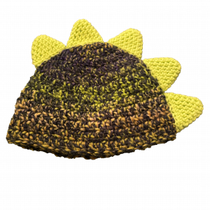 Handmade crocheted dinosaur hat for 6 - 12 months. Made to an original design by Lisa.