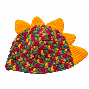 Handmade crocheted dinosaur hat for 6 - 12 months. Made to an original design by Lisa.