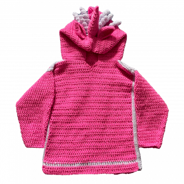 Handmade crocheted unicorn hoodie for 1 - 2 years old. Made to an original design by Lisa.