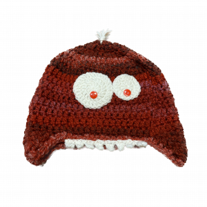 Handmade crocheted monster hat for 3 - 10 year old. Made to an original design by Lisa.