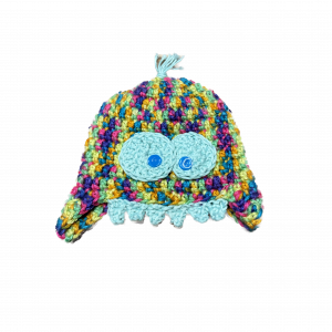 Handmade crocheted monster hat for 0 - 6 months. Made to an original design by Lisa.