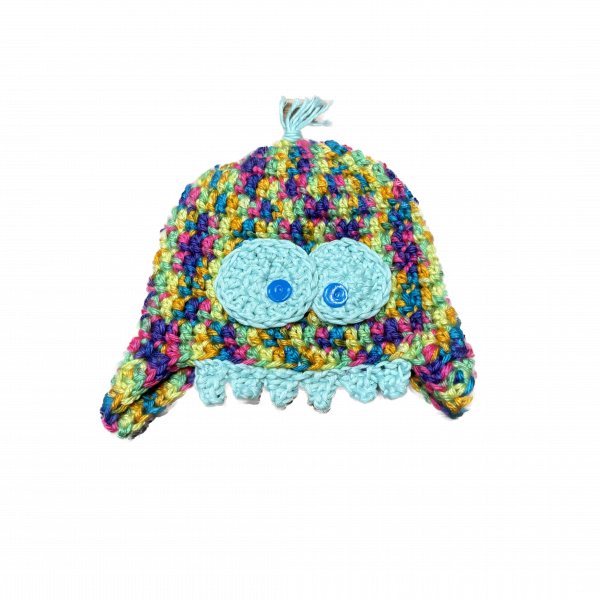 Handmade crocheted monster hat for 0 - 6 months. Made to an original design by Lisa.