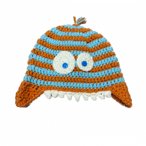 Handmade crocheted monster hat for 1 - 3 year old. Made to an original design by Lisa.