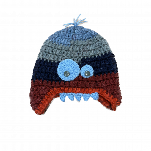 Handmade crocheted monster hat for 6 - 12 months. Made to an original design by Lisa.