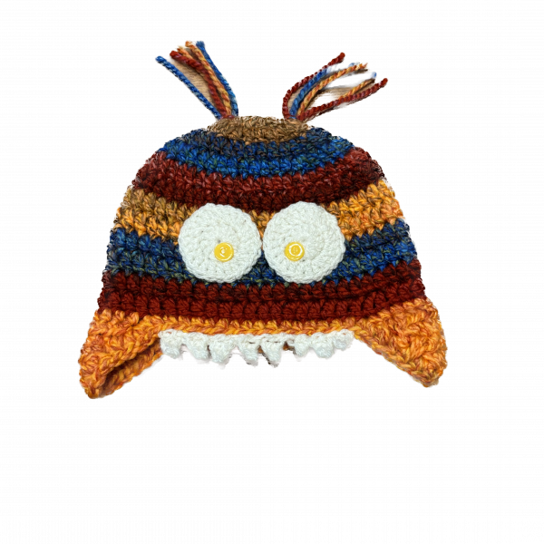 Handmade crocheted monster hat for 6 - 12 months. Made to an original design by Lisa.
