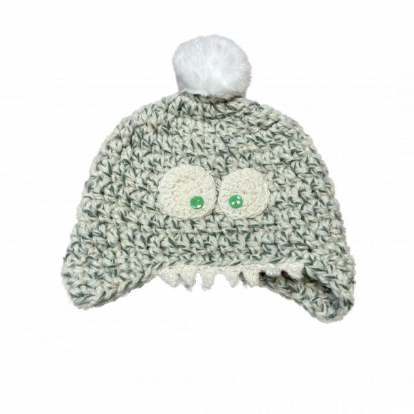 Handmade crocheted monster hat for 3 - 10 years. Made to an original design by Lisa.