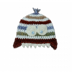 Handmade crocheted monster hat for 3 - 6 months. Made to an original design by Lisa.