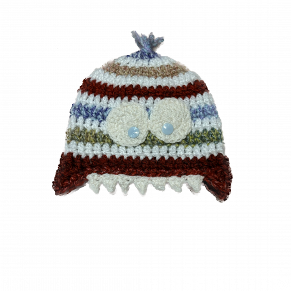 Handmade crocheted monster hat for 3 - 6 months. Made to an original design by Lisa.