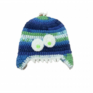 Handmade crocheted monster hat for 3 - 6 months. Made to an original design by Lisa.