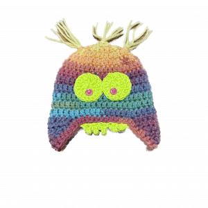 Handmade crocheted monster hat for 3 - 6 months. Made to an original design by Lisa.