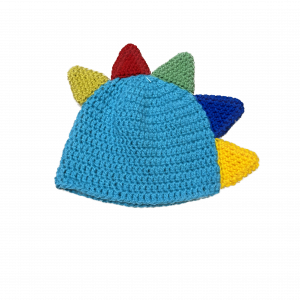 Handmade crocheted dinosaur hat for 6 - 12 months. Made to an original design by Lisa.