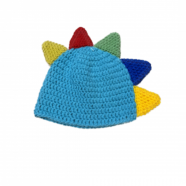 Handmade crocheted dinosaur hat for 6 - 12 months. Made to an original design by Lisa.