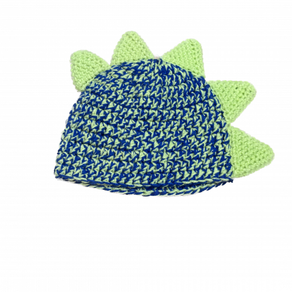 Handmade crocheted dinosaur hat for 6 - 12 months. Made to an original design by Lisa.