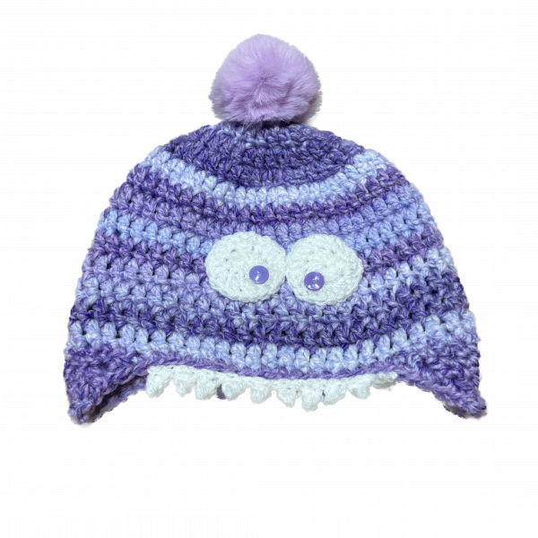 Handmade crocheted monster hat for 3 - 10 years. Made to an original design by Lisa.