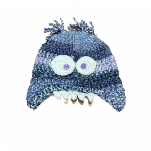 Handmade crocheted monster hat for 3 - 6 months. Made to an original design by Lisa.