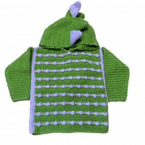 Handmade crocheted dinosaur hoodie for 1 - 2 years old. Made to an original design by Lisa.