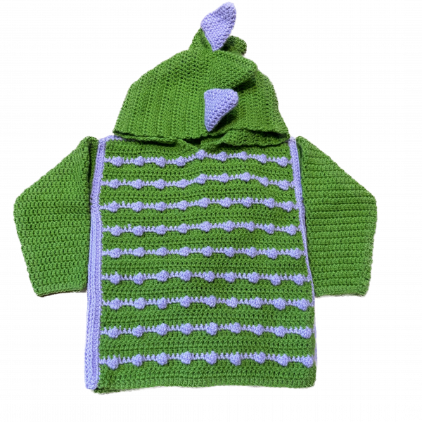 Handmade crocheted dinosaur hoodie for 1 - 2 years old. Made to an original design by Lisa.